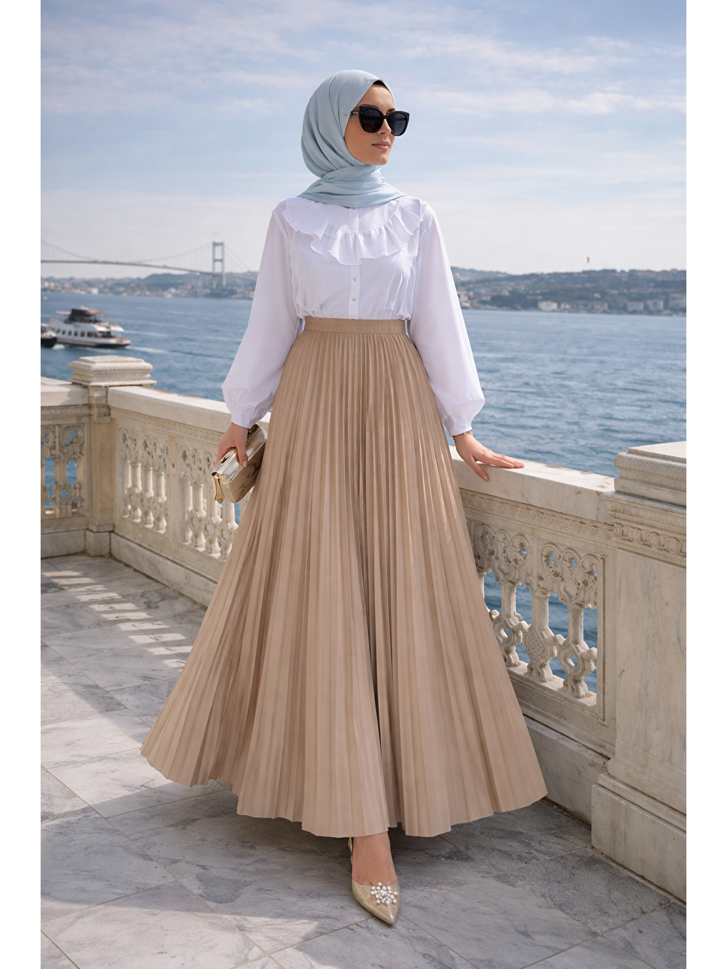 Bej Kadın Premium Pileli Vizon Uzun Tesettür Etek