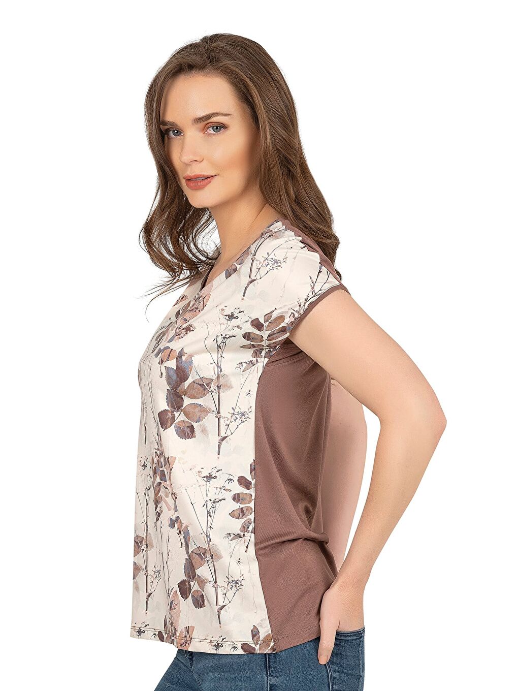 Kadın Doğal Tonlu Floral Desenli Kısa Kol Bluz | Kahverengi 26547-3