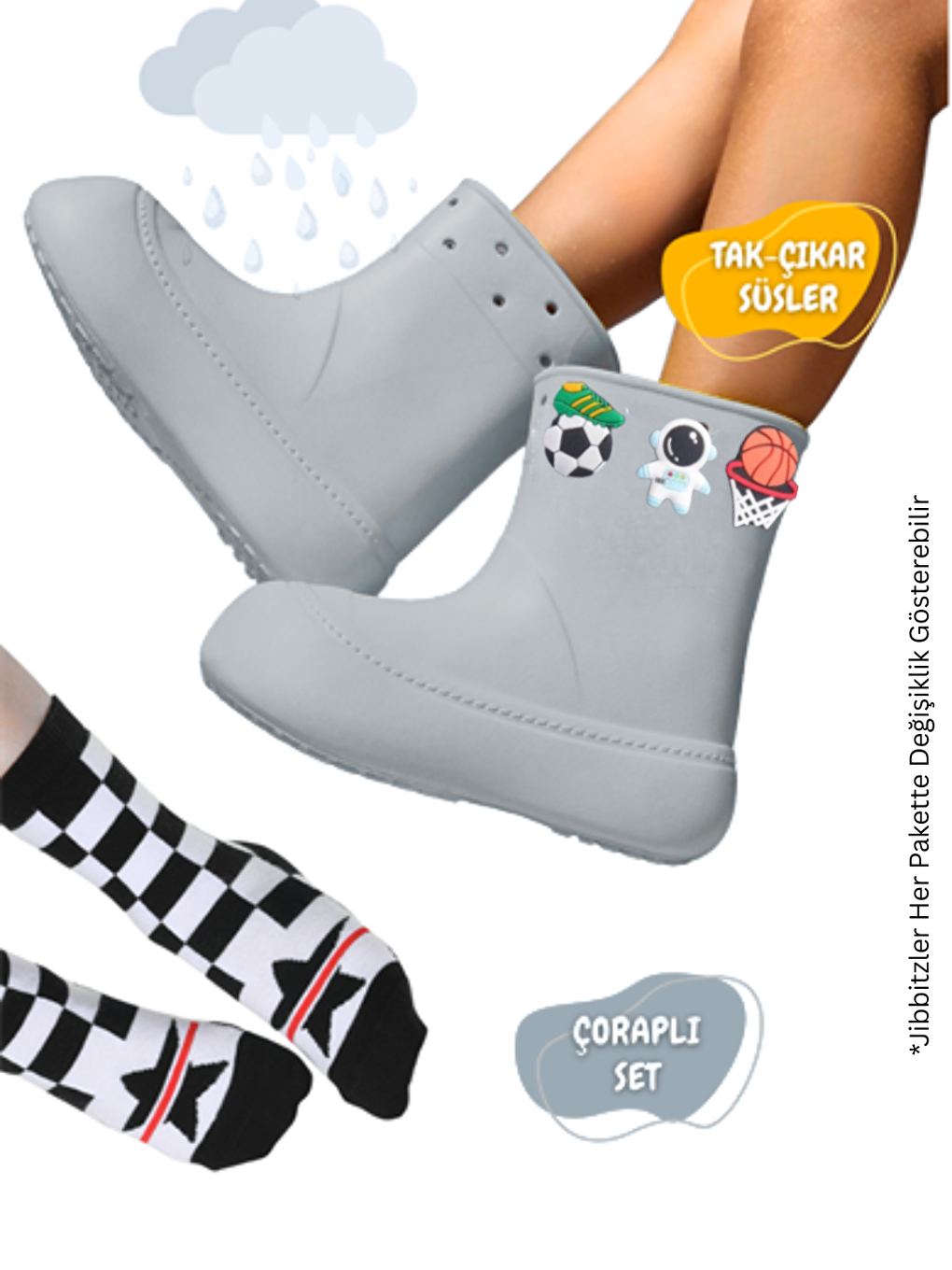 Gri Erkek Çocuk Yağmur Botu & Çorap Set-1