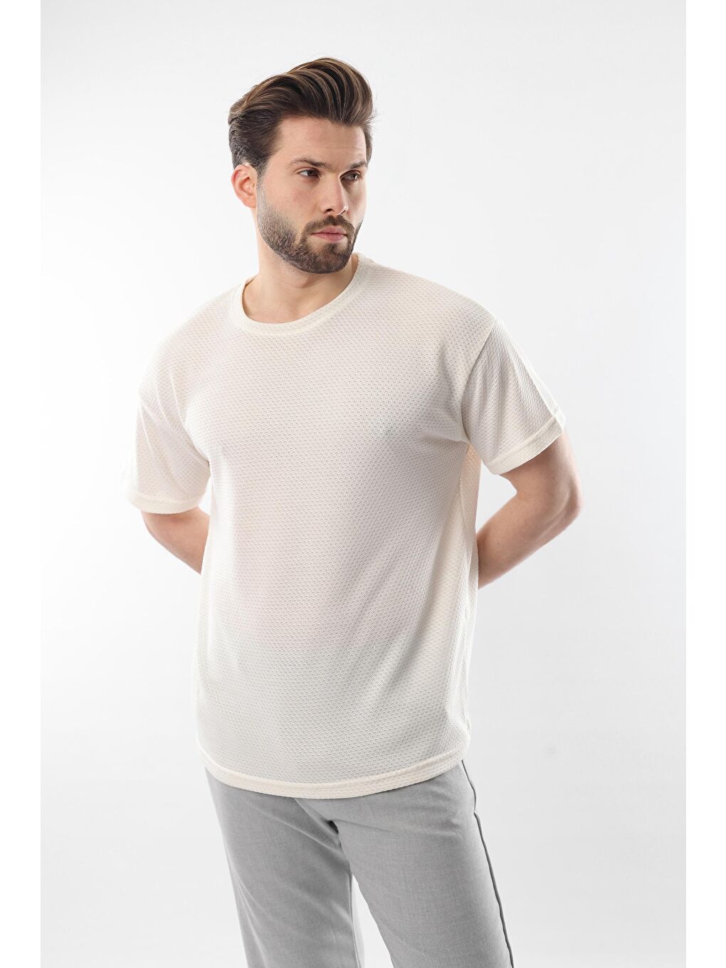 Ekru Bisiklet Yaka Erkek Tişört E7128-1