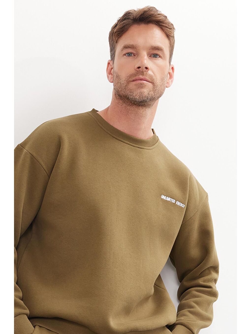 Erkek Relax Fit Pamuklu 3 İplik Yumuşak Dokulu İçi Polarlı Bisiklet Yaka Haki Eşofman Takımı-1