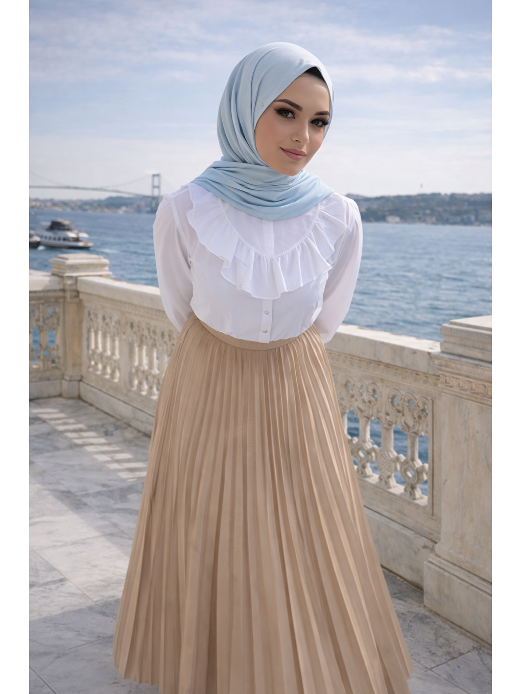 Bej Kadın Premium Pileli Vizon Uzun Tesettür Etek-1