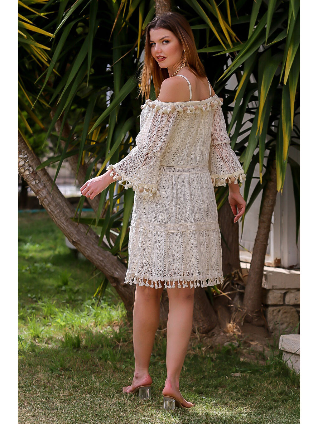 Bej Kayık Yaka 3/4 Kol Astarlı Ponponlu Dokuma Casual Elbise-7