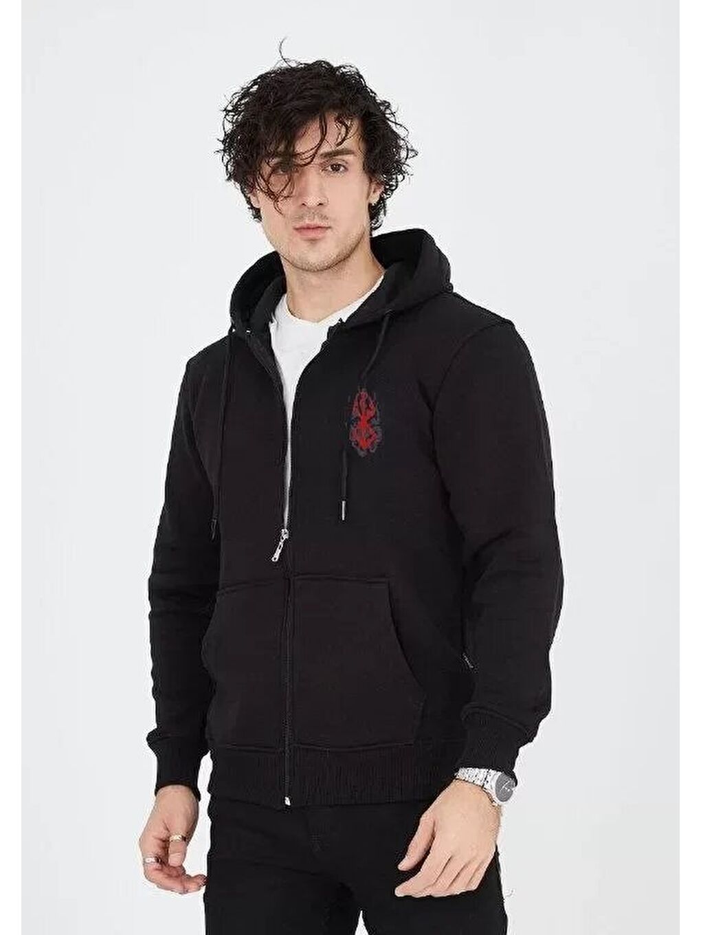 Unisex Baskılı Tam Fermuarlı Kapüşonlu SweatShirt - Siyah