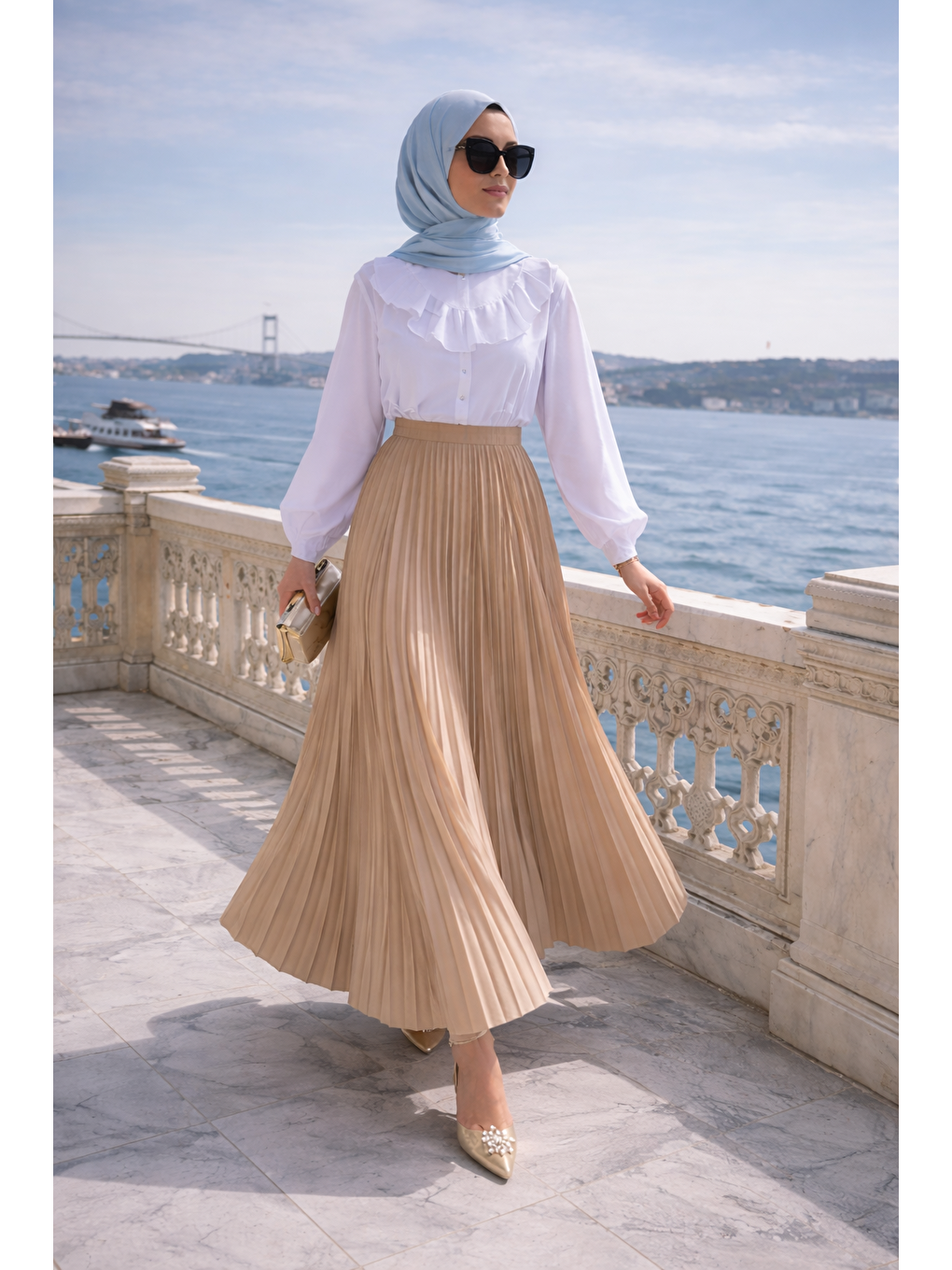 Bej Kadın Premium Pileli Vizon Uzun Tesettür Etek-2