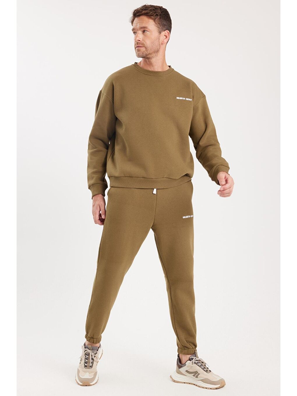 Erkek Relax Fit Pamuklu 3 İplik Yumuşak Dokulu İçi Polarlı Bisiklet Yaka Haki Eşofman Takımı-3