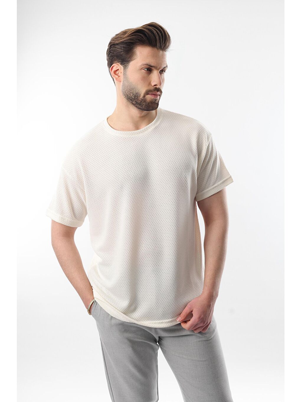 Ekru Bisiklet Yaka Erkek Tişört E7128-3