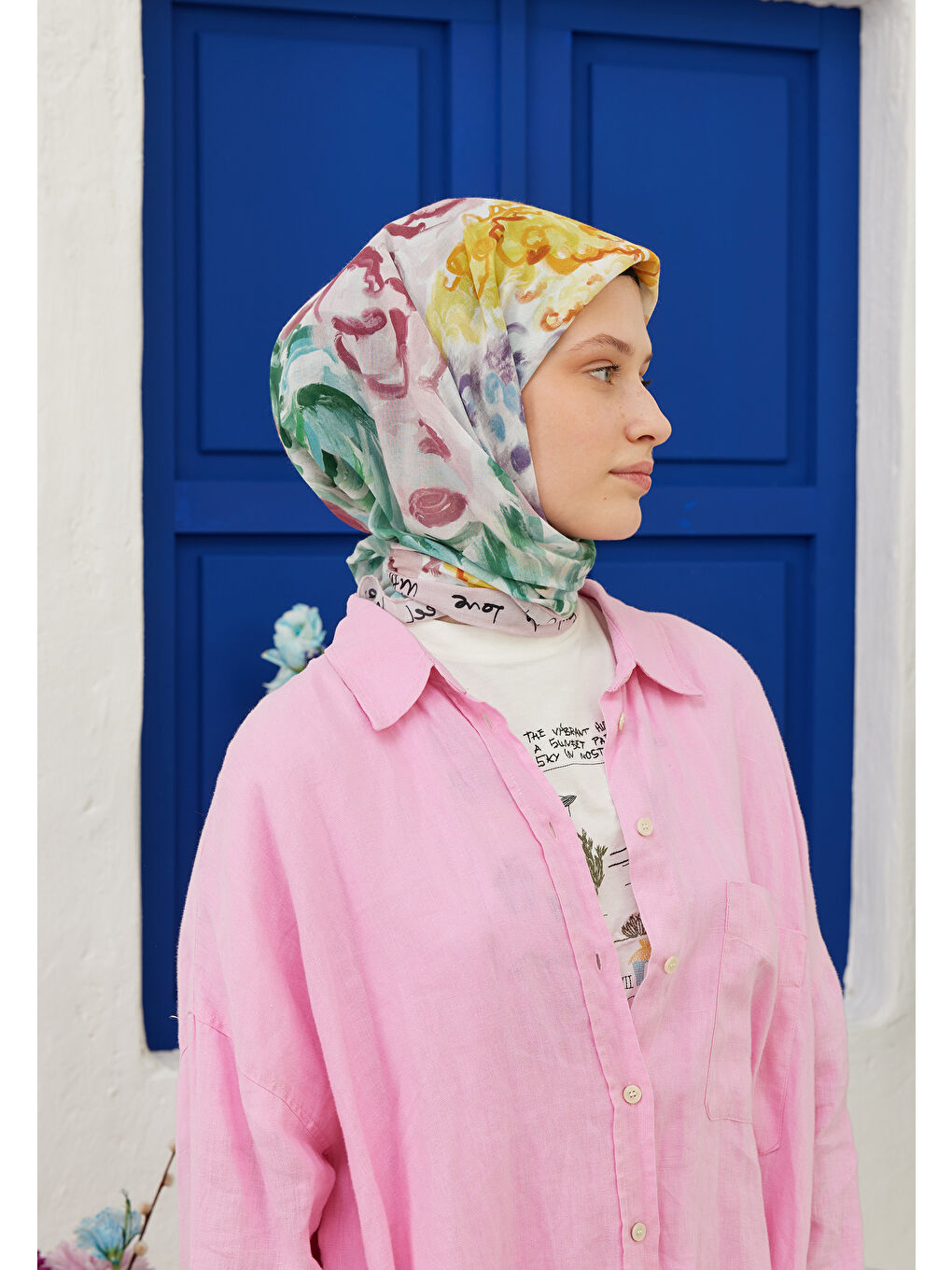 Pembe Colour Garden Desen Pamuk Vual Eşarp Pudra-1