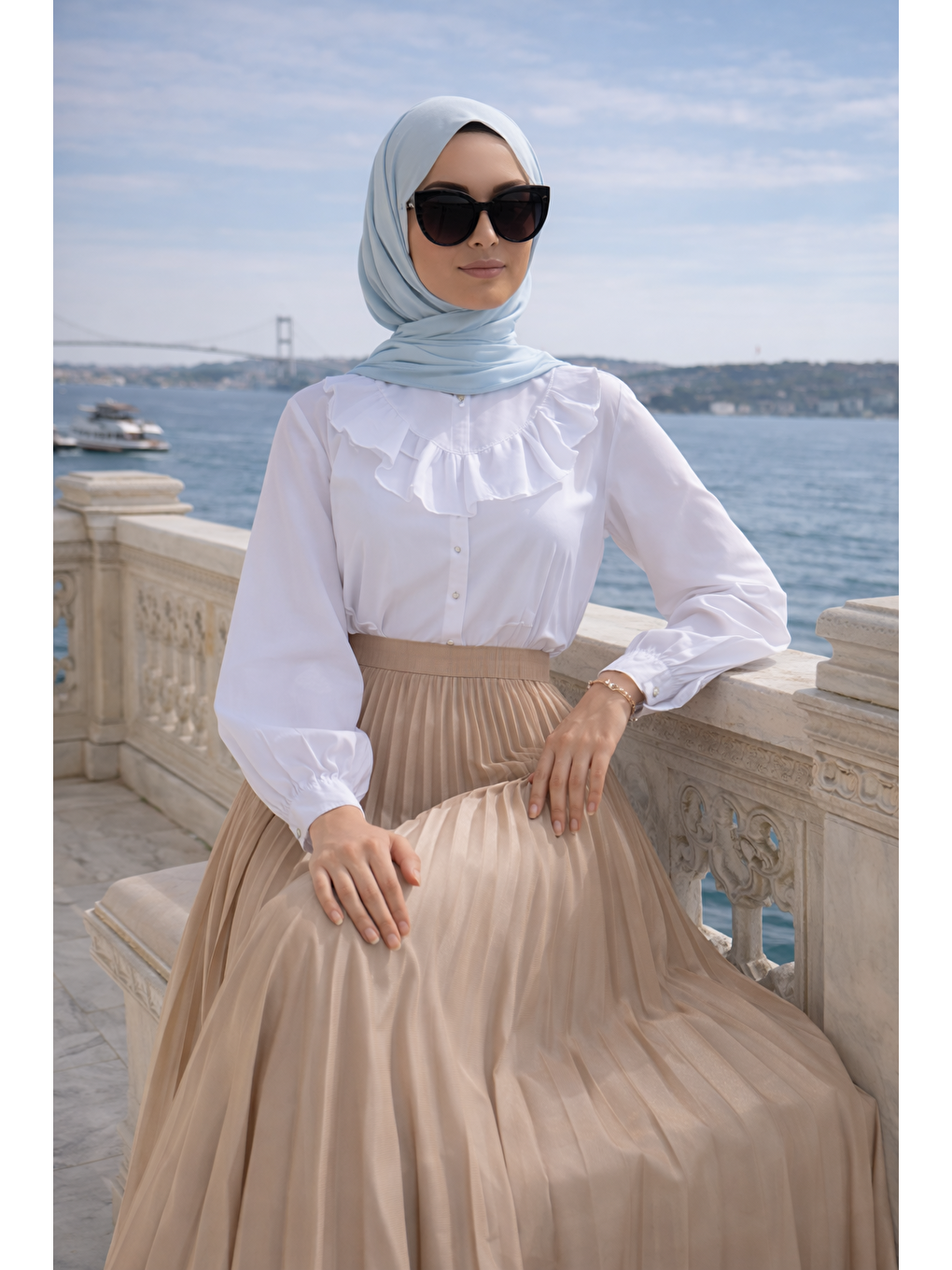 Bej Kadın Premium Pileli Vizon Uzun Tesettür Etek-3