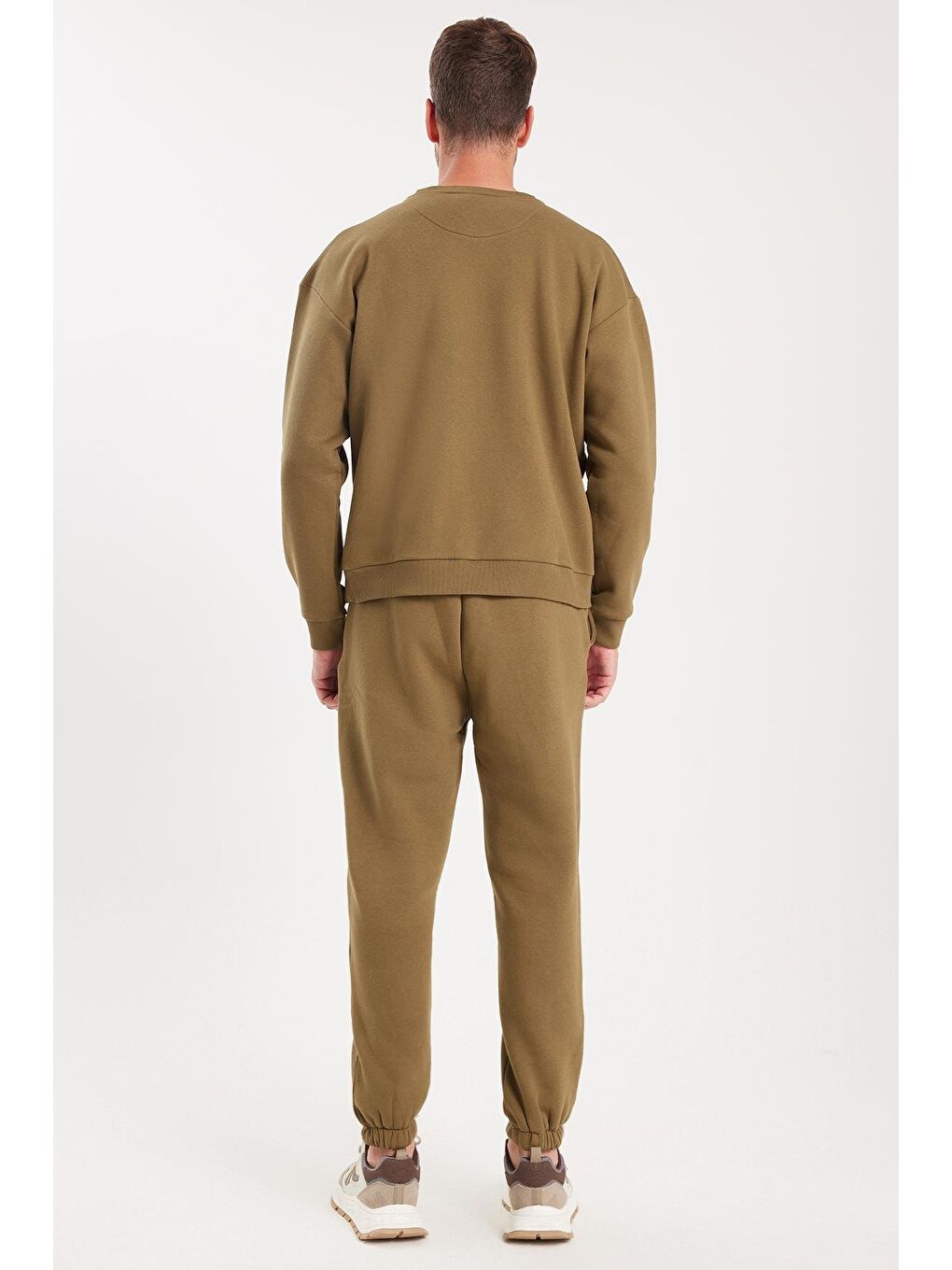 Erkek Relax Fit Pamuklu 3 İplik Yumuşak Dokulu İçi Polarlı Bisiklet Yaka Haki Eşofman Takımı-6