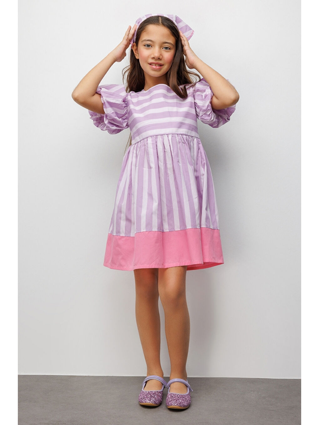 Lila Çizgili Kız Çocuk Poplin Elbise - Juno-1