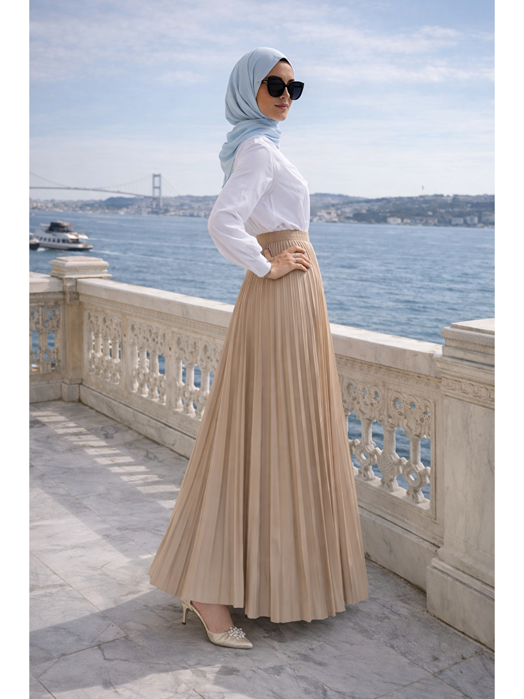 Bej Kadın Premium Pileli Vizon Uzun Tesettür Etek-4