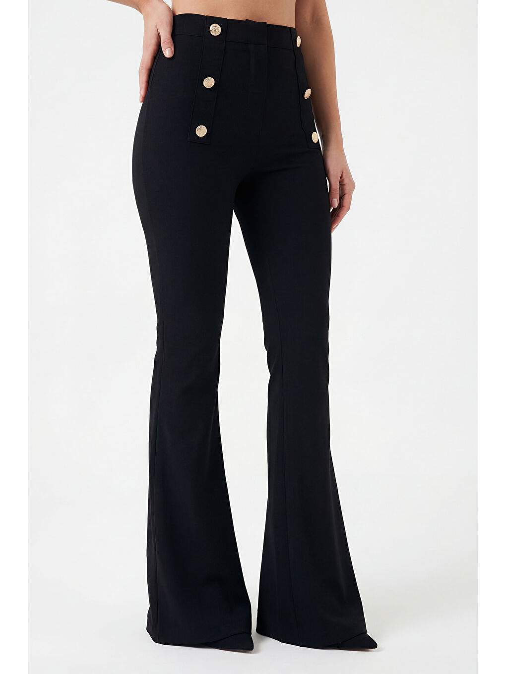 Siyah Yüksek Bel İspanyol Paça Düğme Detaylı Pantolon 6522068-3