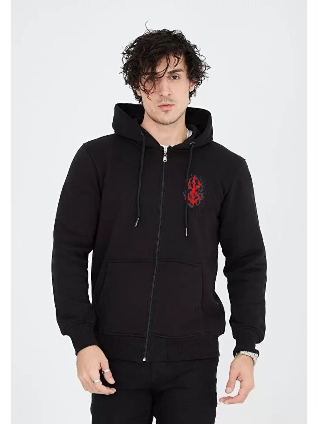 Unisex Baskılı Tam Fermuarlı Kapüşonlu SweatShirt - Siyah-1