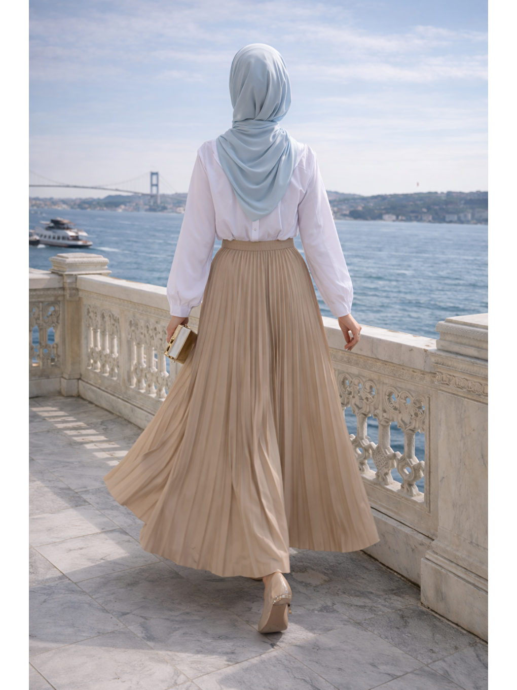 Bej Kadın Premium Pileli Vizon Uzun Tesettür Etek-5