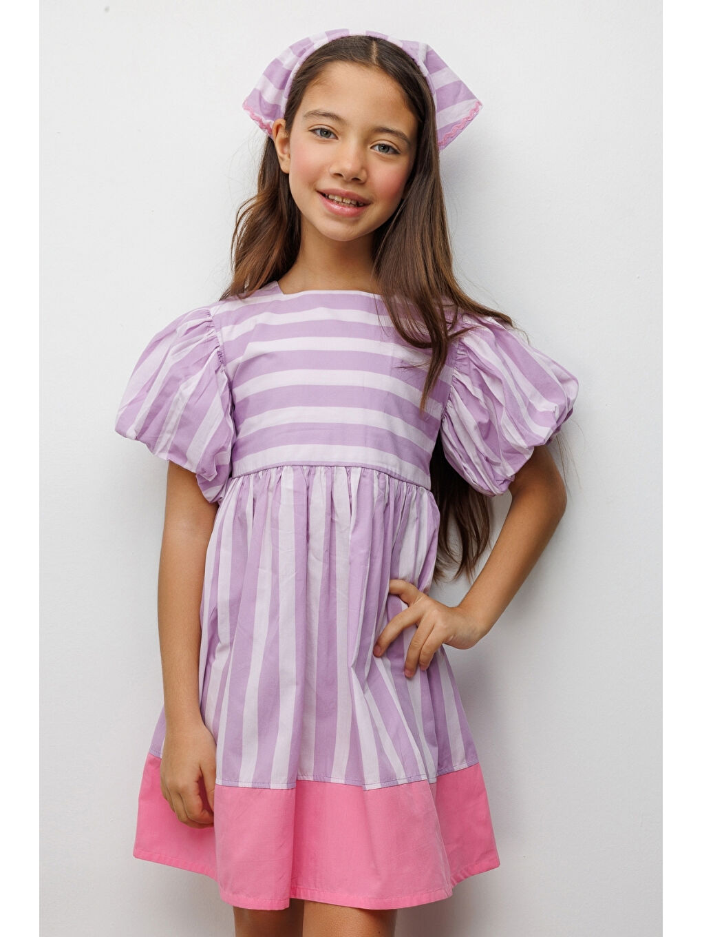 Lila Çizgili Kız Çocuk Poplin Elbise - Juno-2