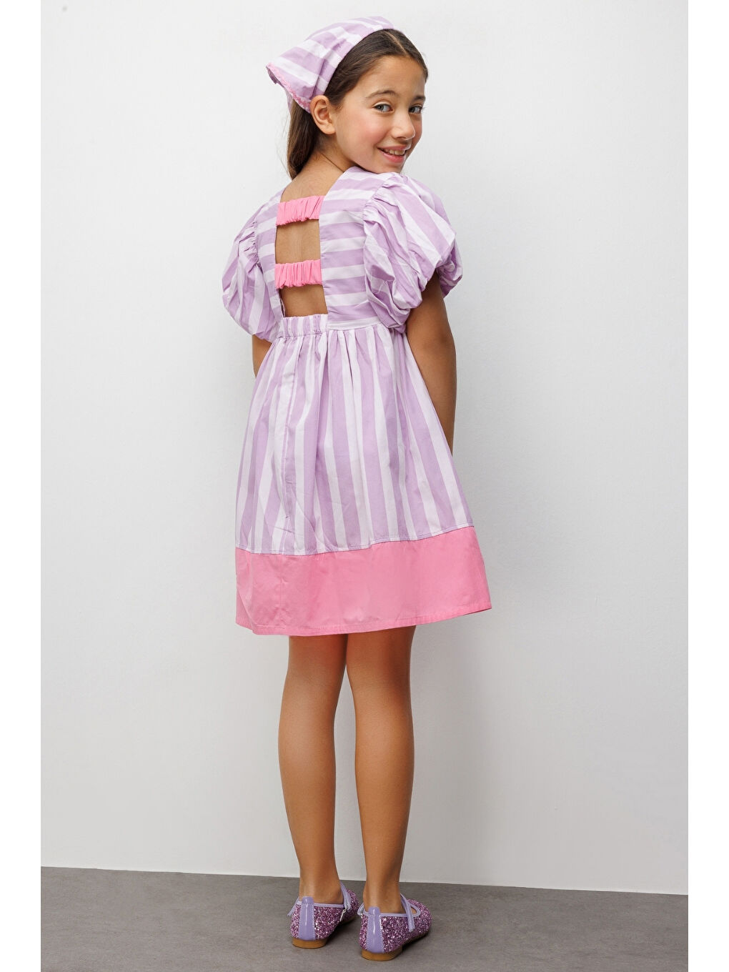Lila Çizgili Kız Çocuk Poplin Elbise - Juno-3