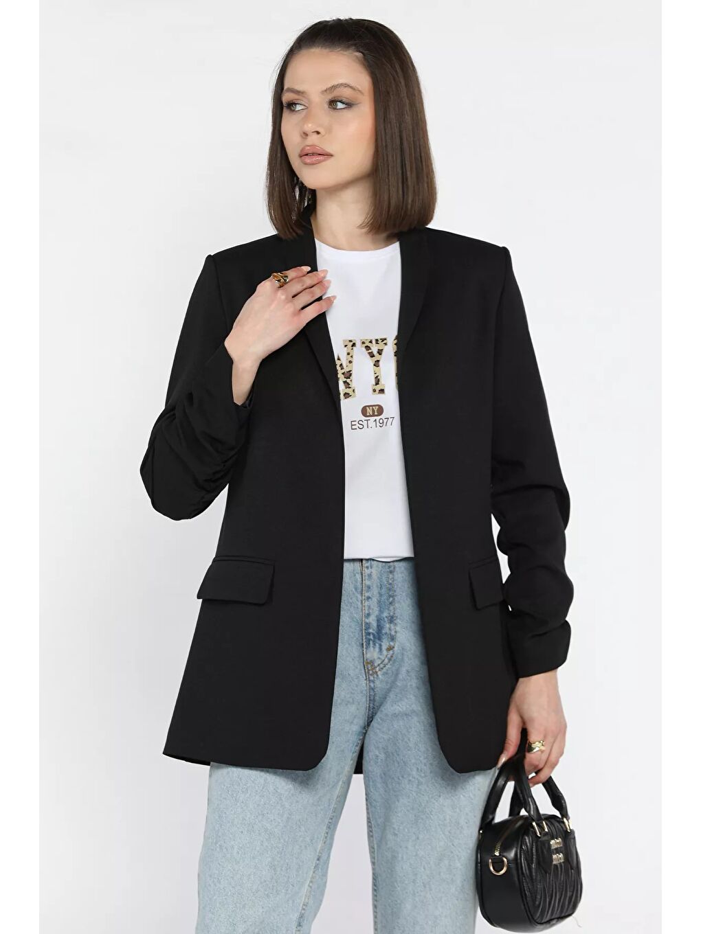 Siyah Kol Büzgülü Kadın Blazer Ceket-1