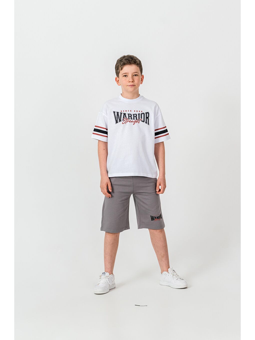 Gri Warrior Strenght Baskılı Erkek Çocuk Şort - Tişört Takımı