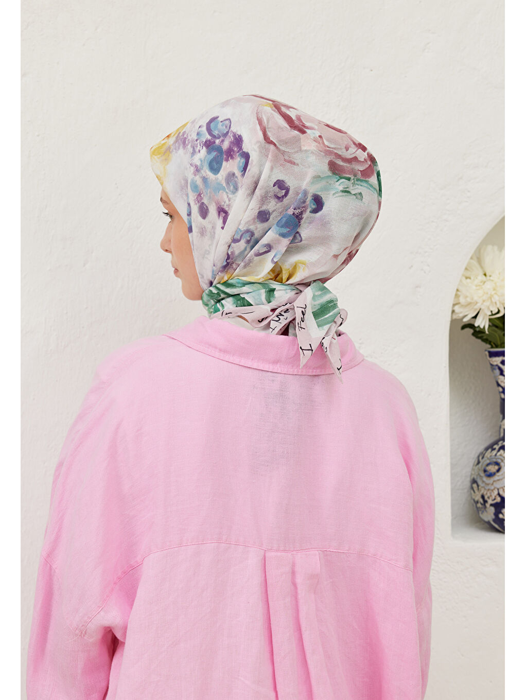 Pembe Colour Garden Desen Pamuk Vual Eşarp Pudra-2