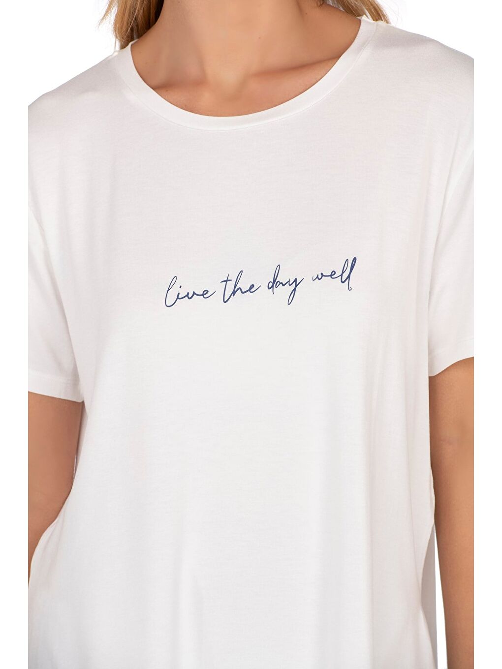 Kadın Oversize Basic Minimal Yazı Detaylı Bluz | Ekru 27082-1