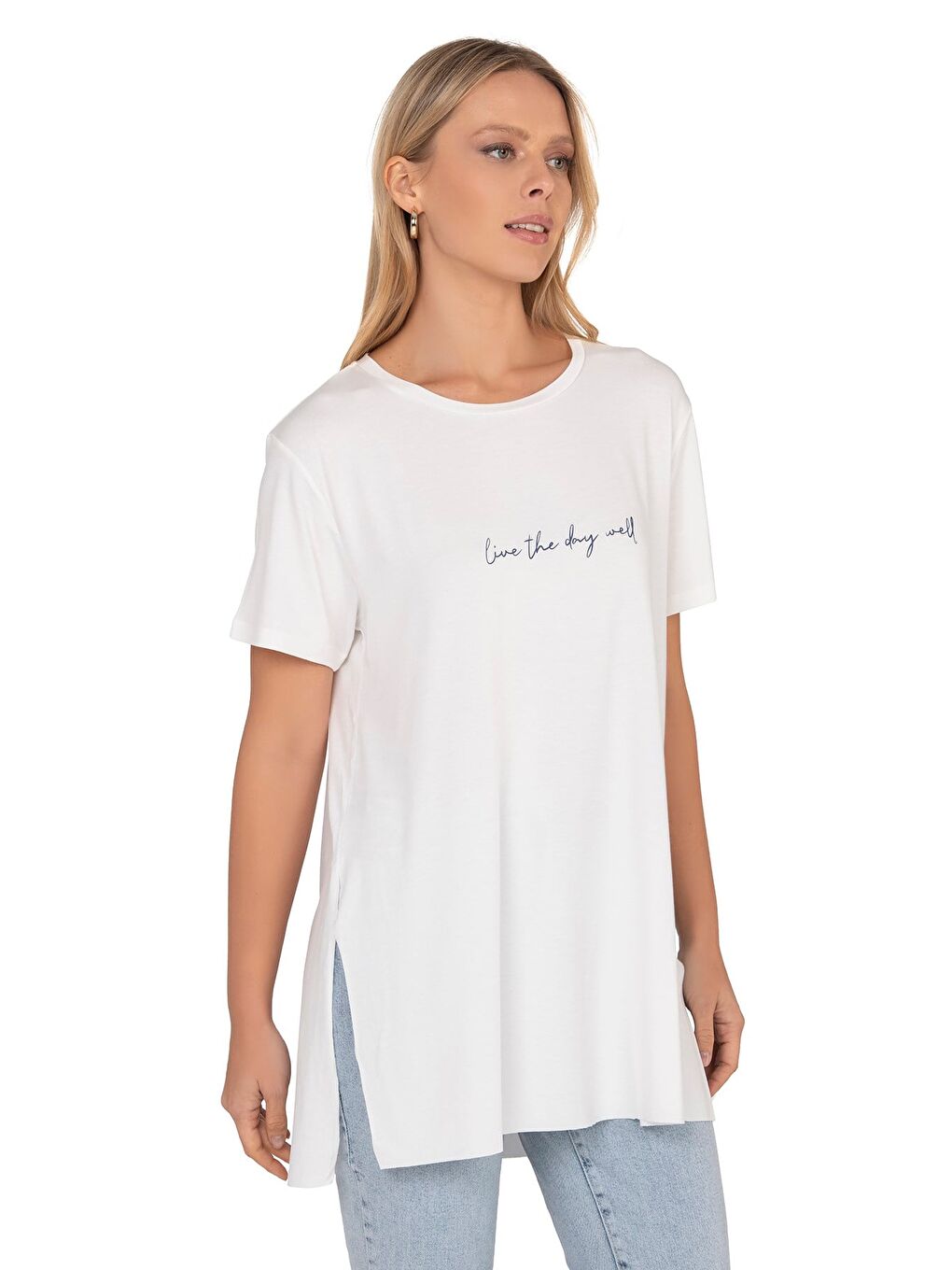 Kadın Oversize Basic Minimal Yazı Detaylı Bluz | Ekru 27082-3