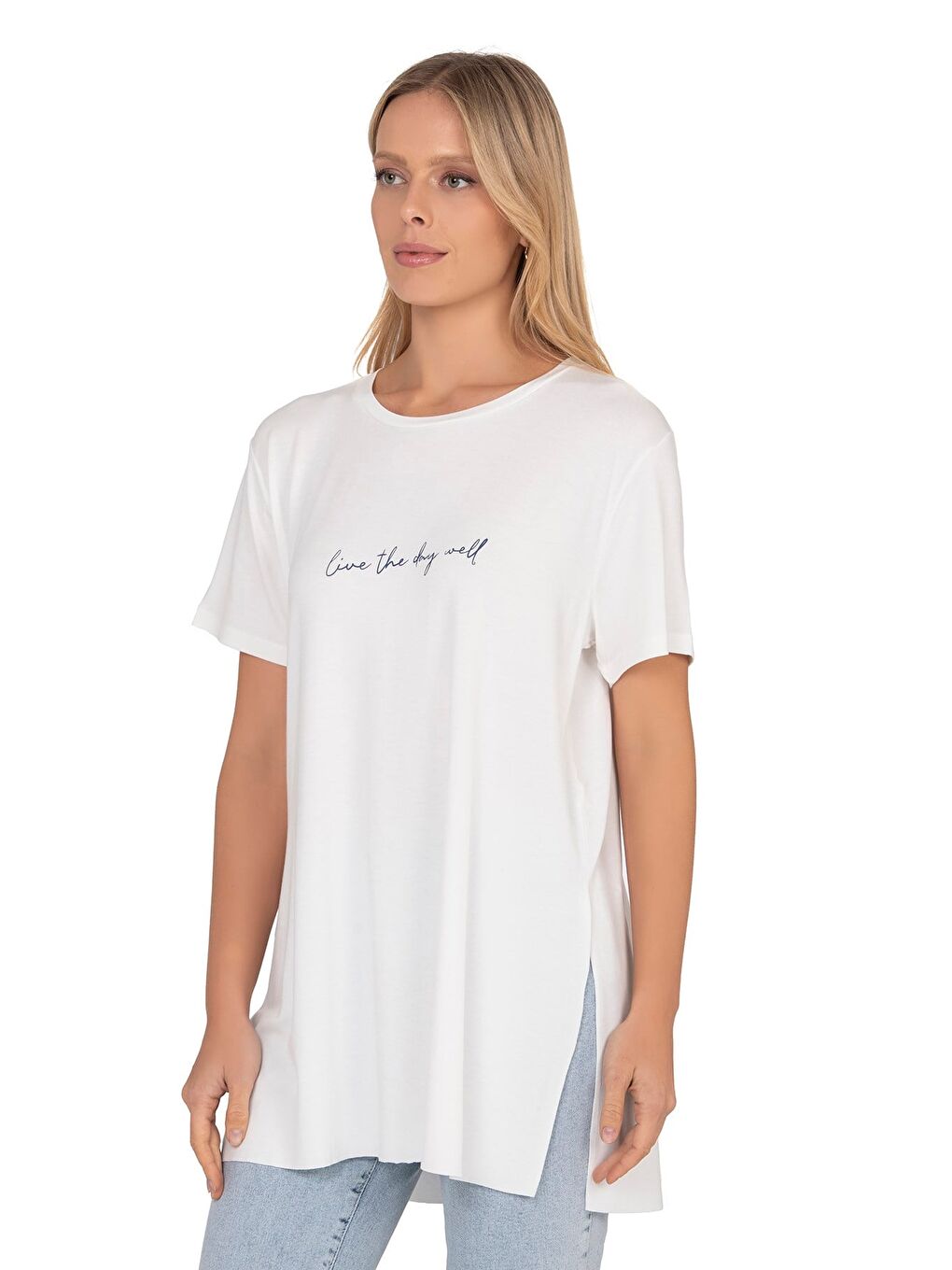 Kadın Oversize Basic Minimal Yazı Detaylı Bluz | Ekru 27082-4