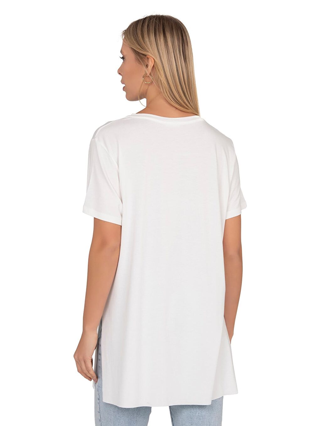 Kadın Oversize Basic Minimal Yazı Detaylı Bluz | Ekru 27082-5