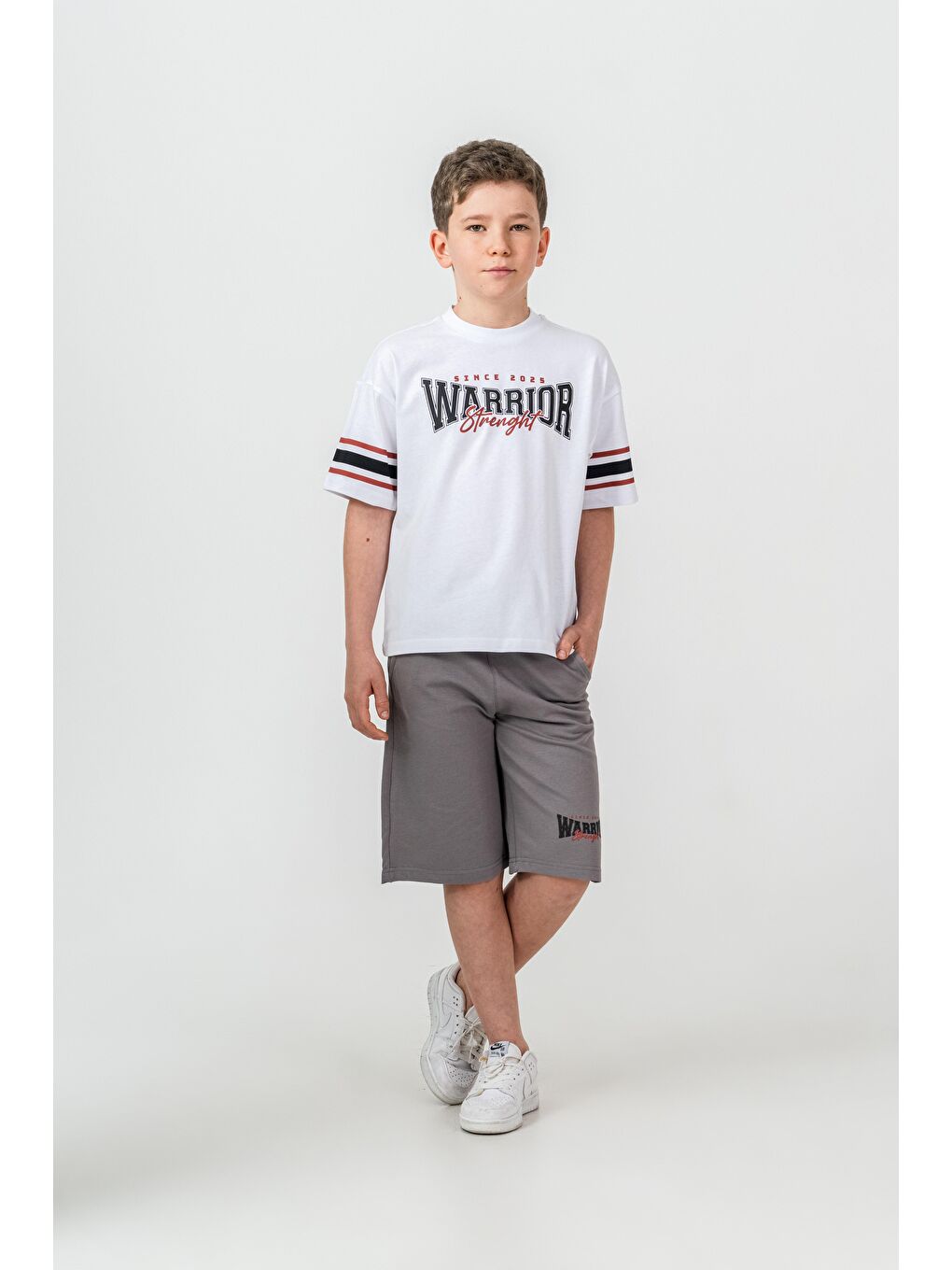 Gri Warrior Strenght Baskılı Erkek Çocuk Şort - Tişört Takımı-1