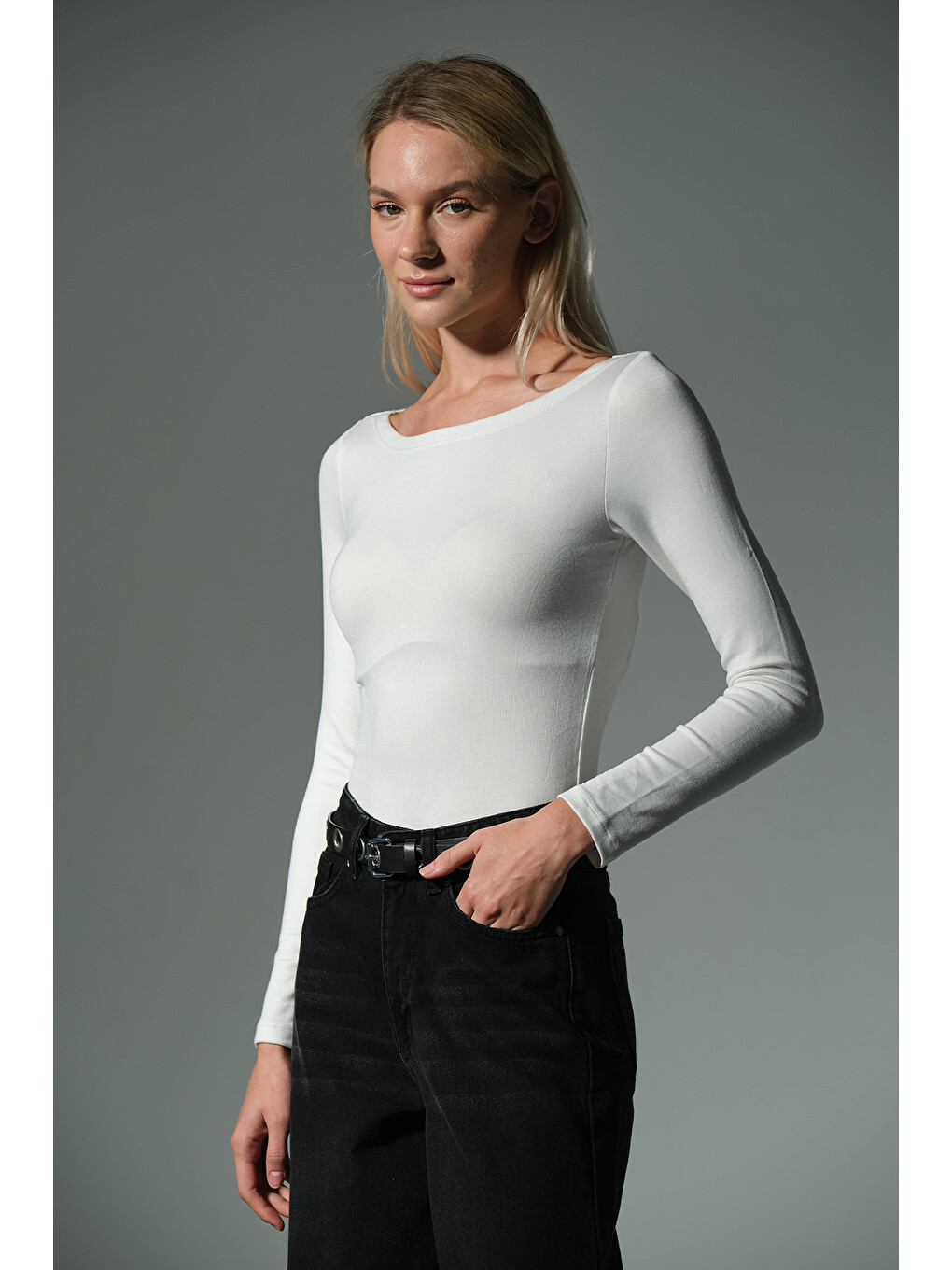 Ekru Örme Soft Touch Premium Kayık Yaka Uzun Kol Bluz @Sayat-2