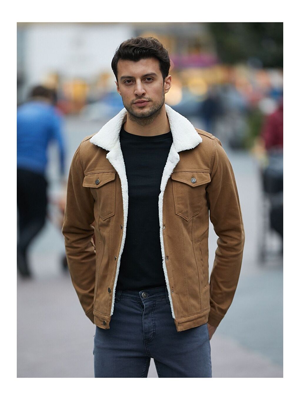 Kahverengi Erkek Trend Kışlık Içi Kürklü Jean Ceket Camel