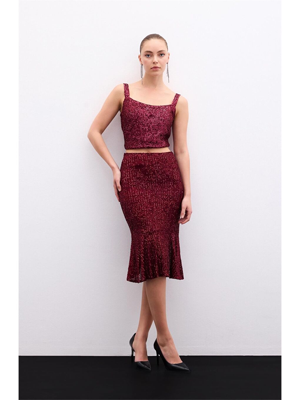 Volanlı Pul Payetli Etek - Bordo-1