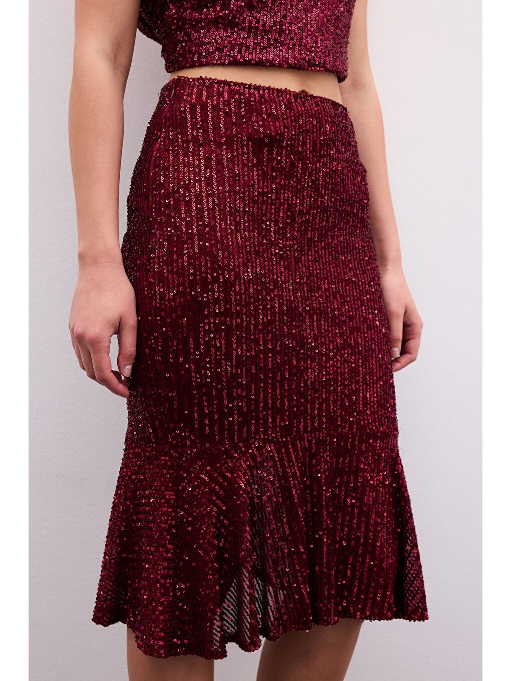 Volanlı Pul Payetli Etek - Bordo-2