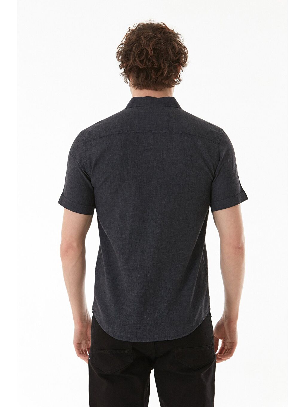 Siyah Basic Kısa Kollu Keten Gömlek-2