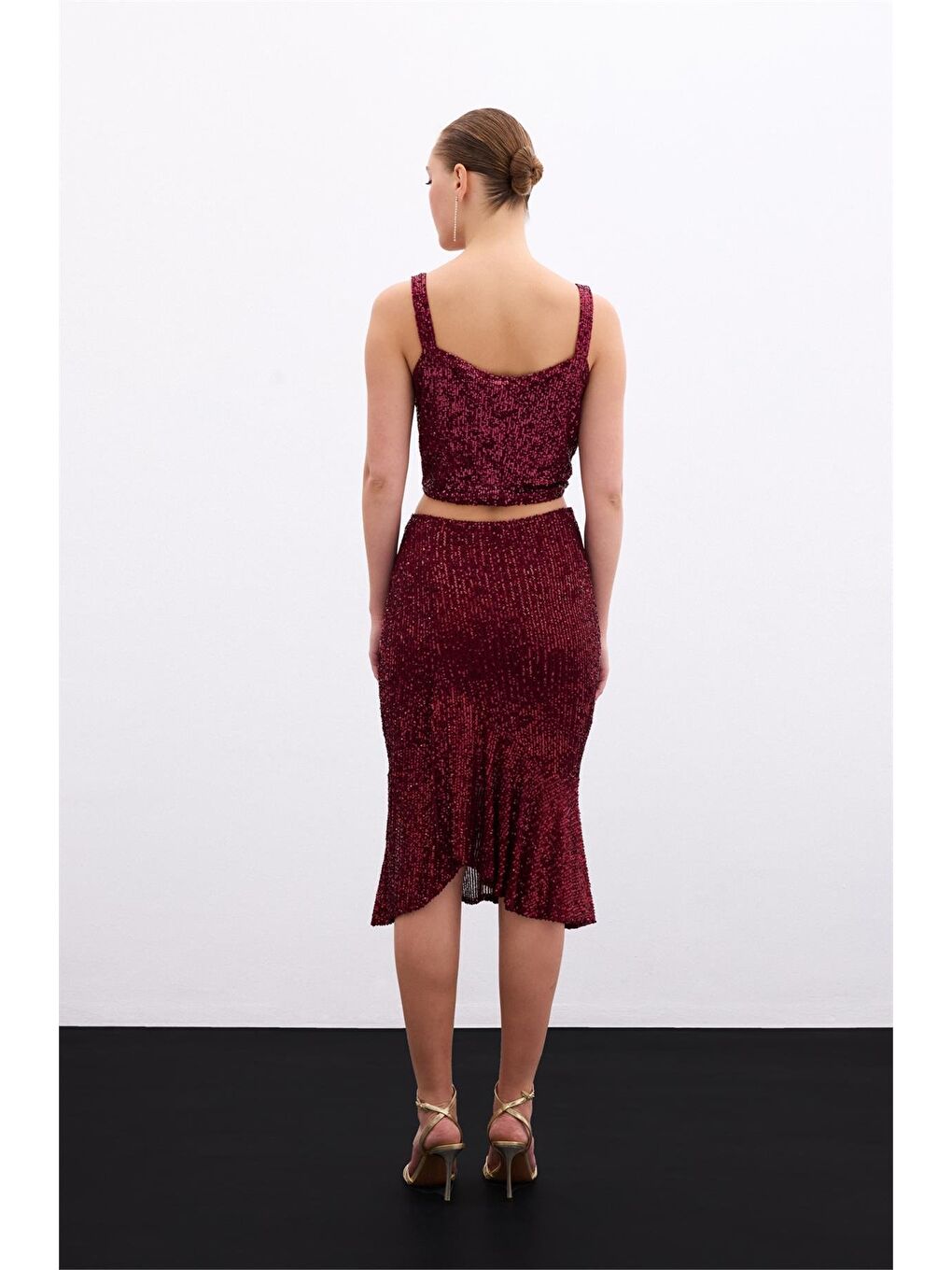 Volanlı Pul Payetli Etek - Bordo-3