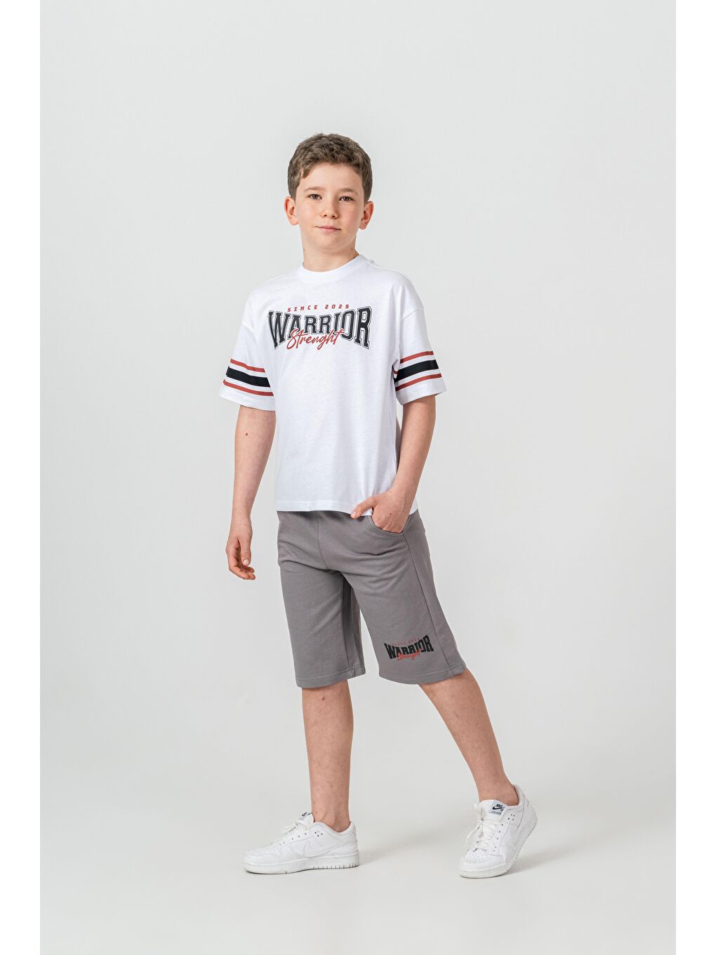 Gri Warrior Strenght Baskılı Erkek Çocuk Şort - Tişört Takımı-2