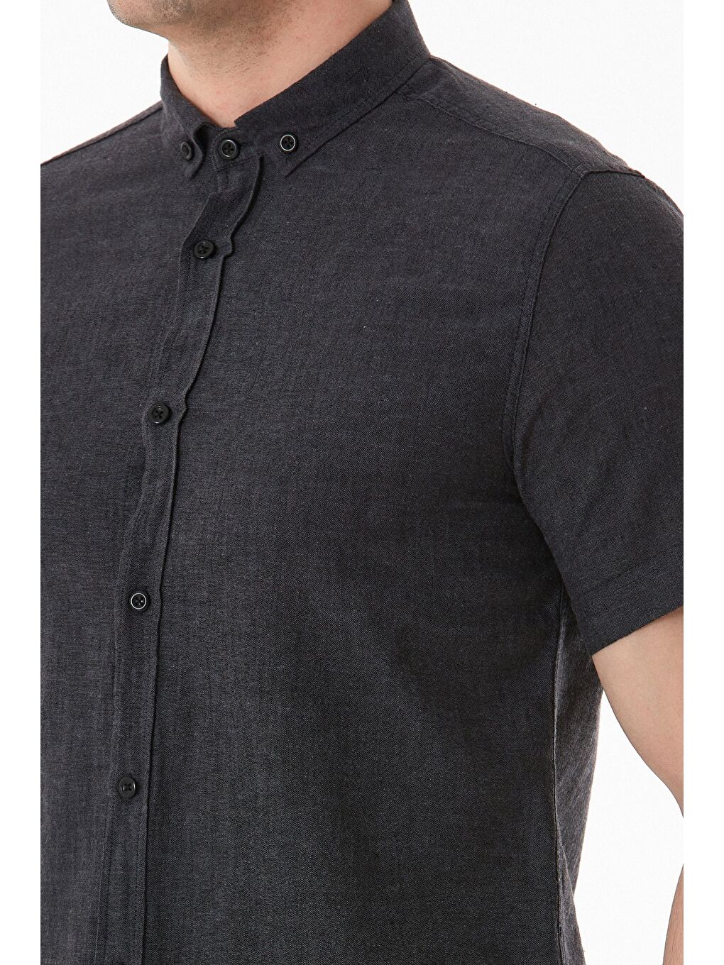 Siyah Basic Kısa Kollu Keten Gömlek-4