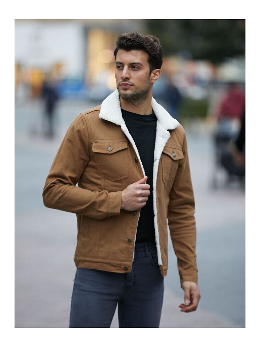 Kahverengi Erkek Trend Kışlık Içi Kürklü Jean Ceket Camel-1