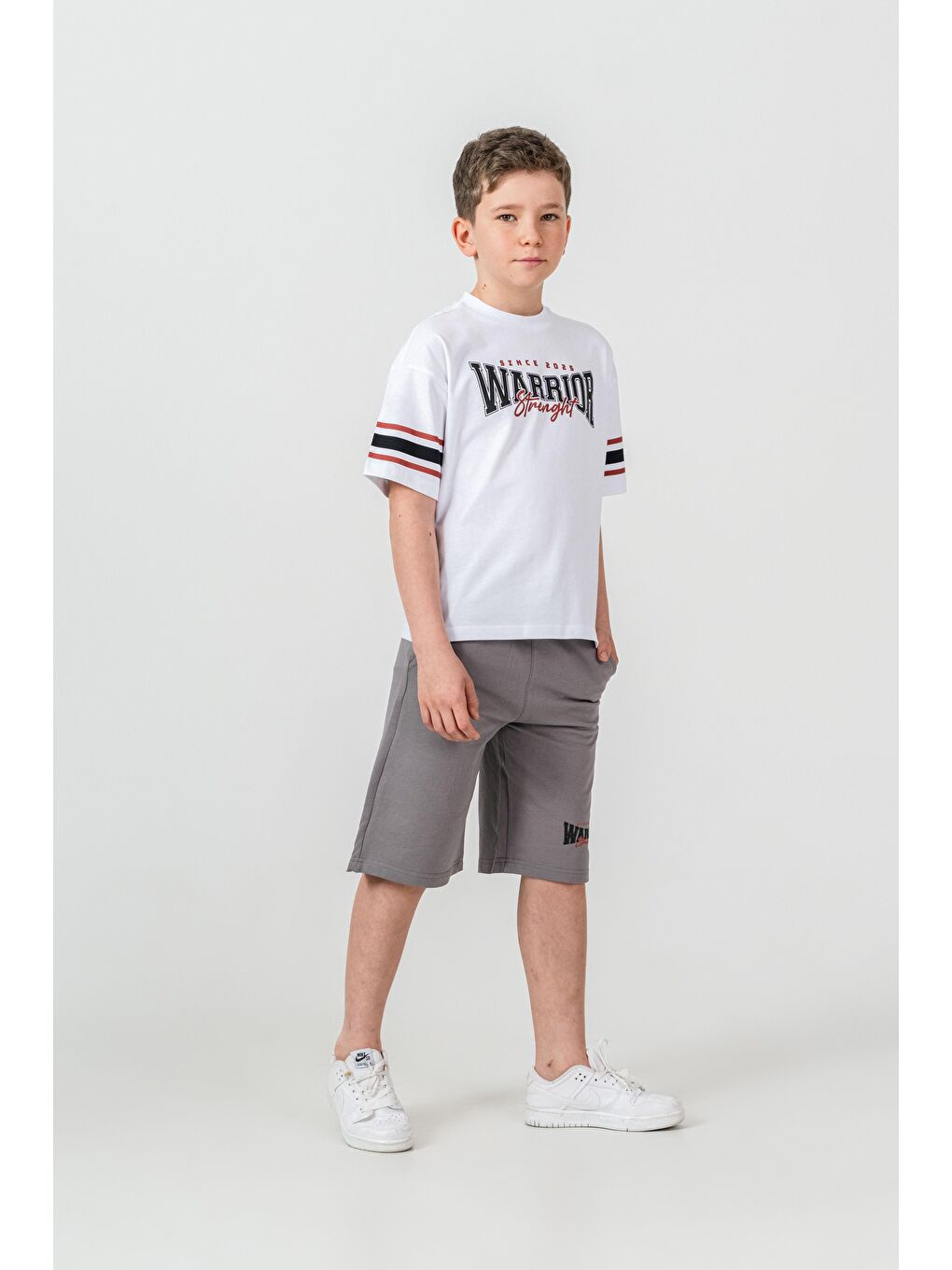 Gri Warrior Strenght Baskılı Erkek Çocuk Şort - Tişört Takımı-3