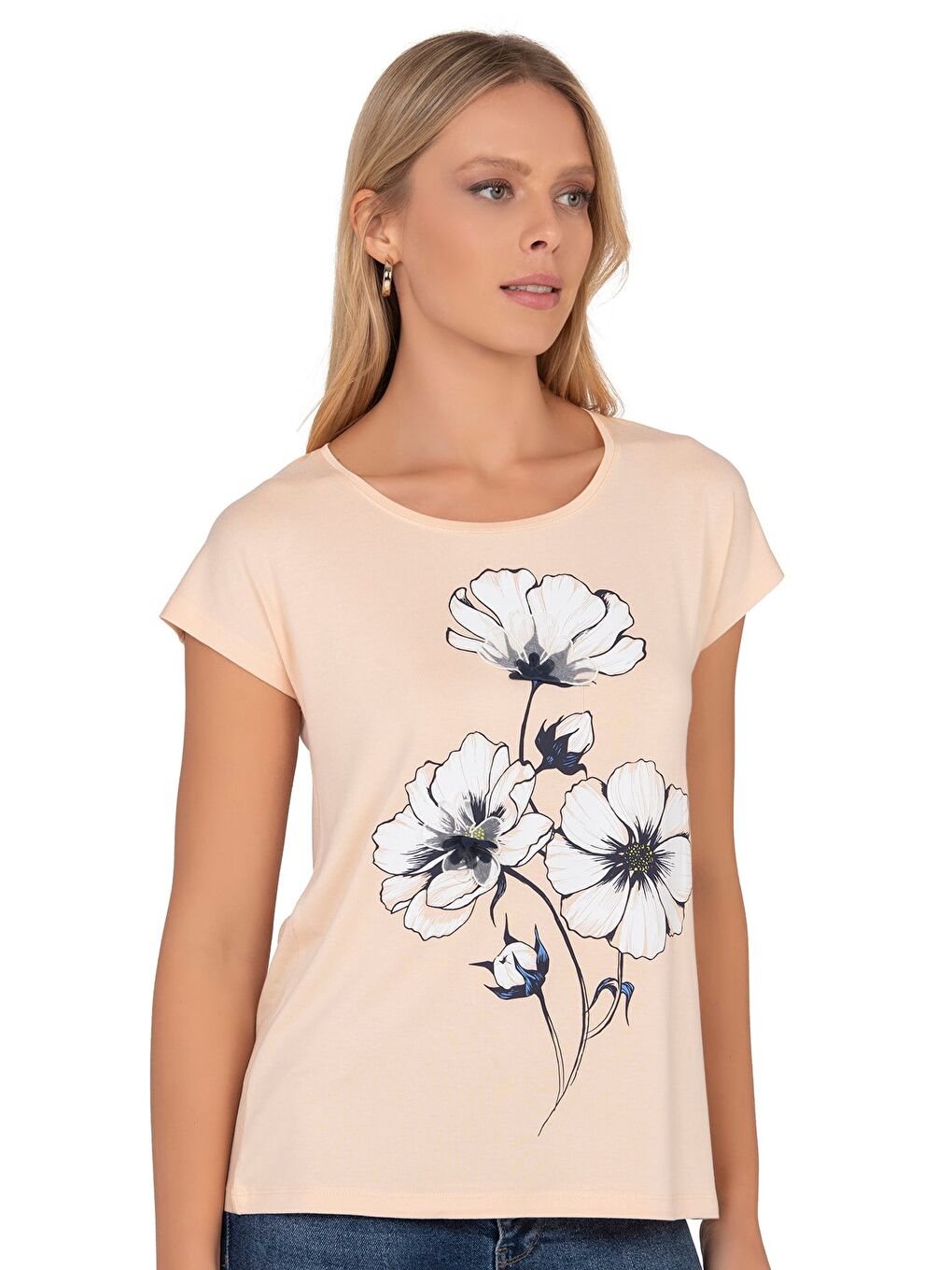 Pembe Kadın Viskon Çiçek Desenli Kısa Kol Bluz | Pudra 26533-2