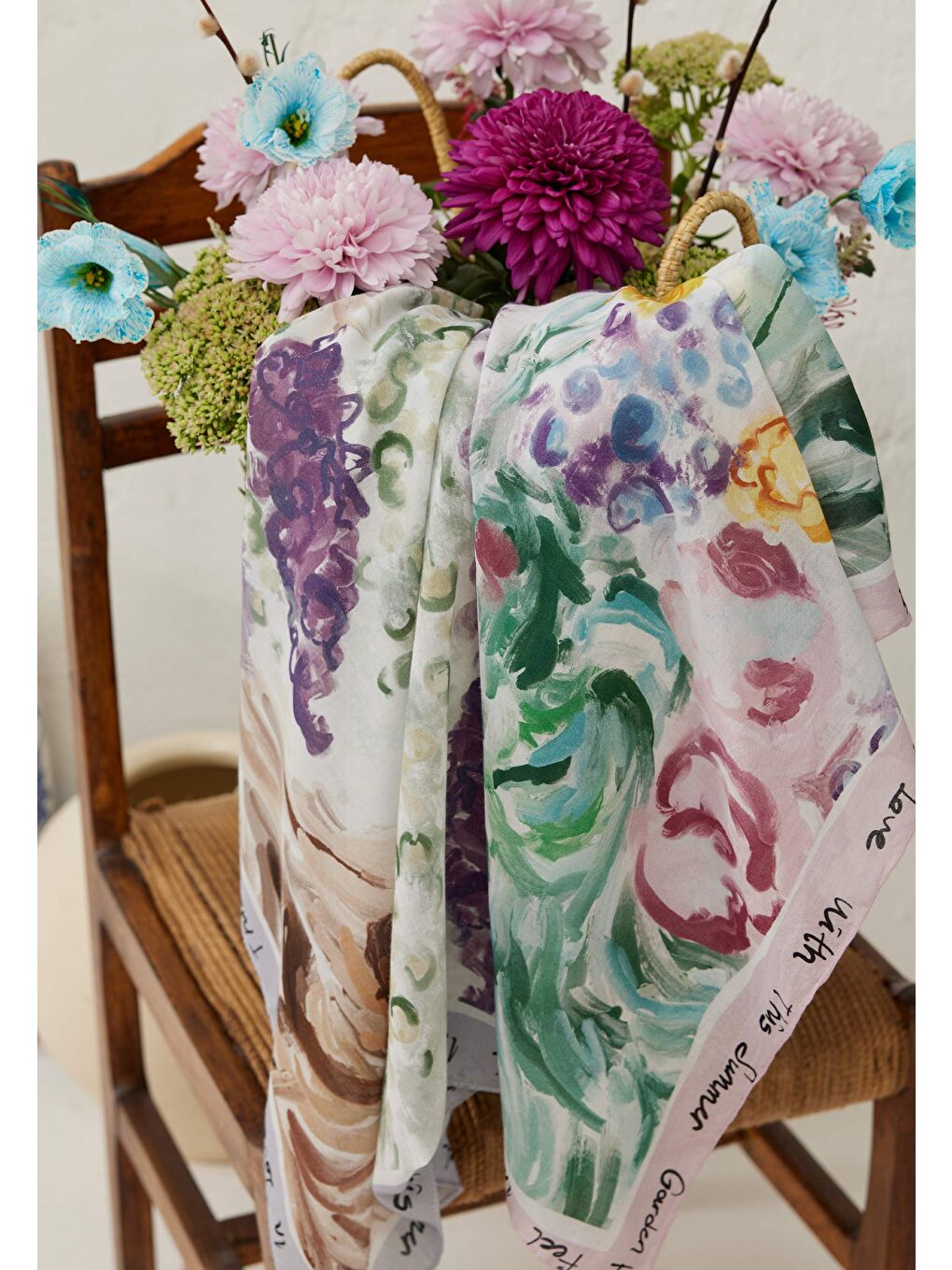 Pembe Colour Garden Desen Pamuk Vual Eşarp Pudra-4