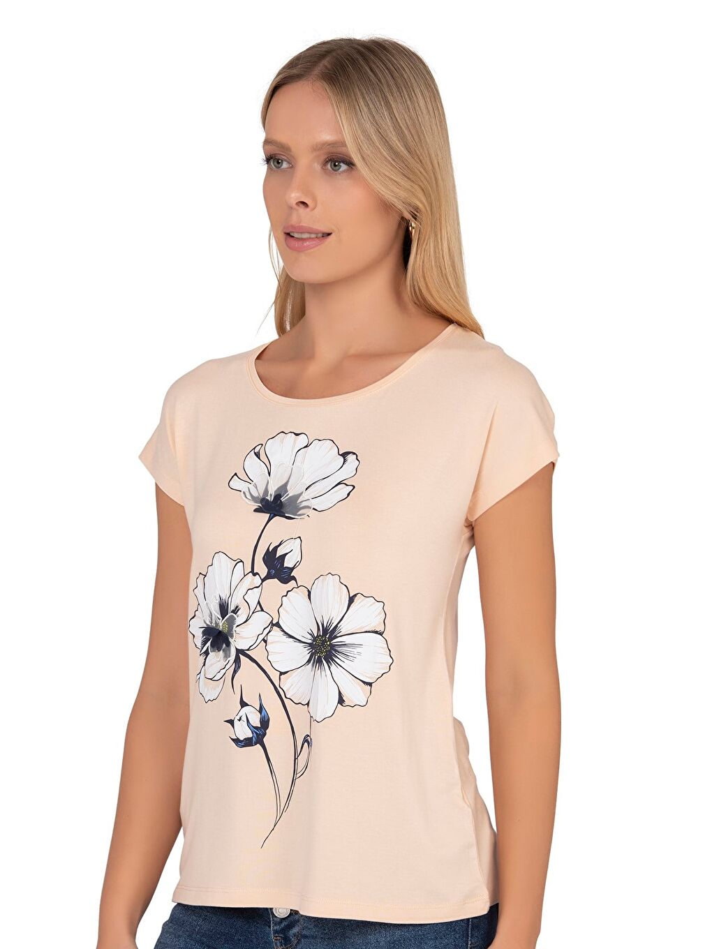 Pembe Kadın Viskon Çiçek Desenli Kısa Kol Bluz | Pudra 26533-3