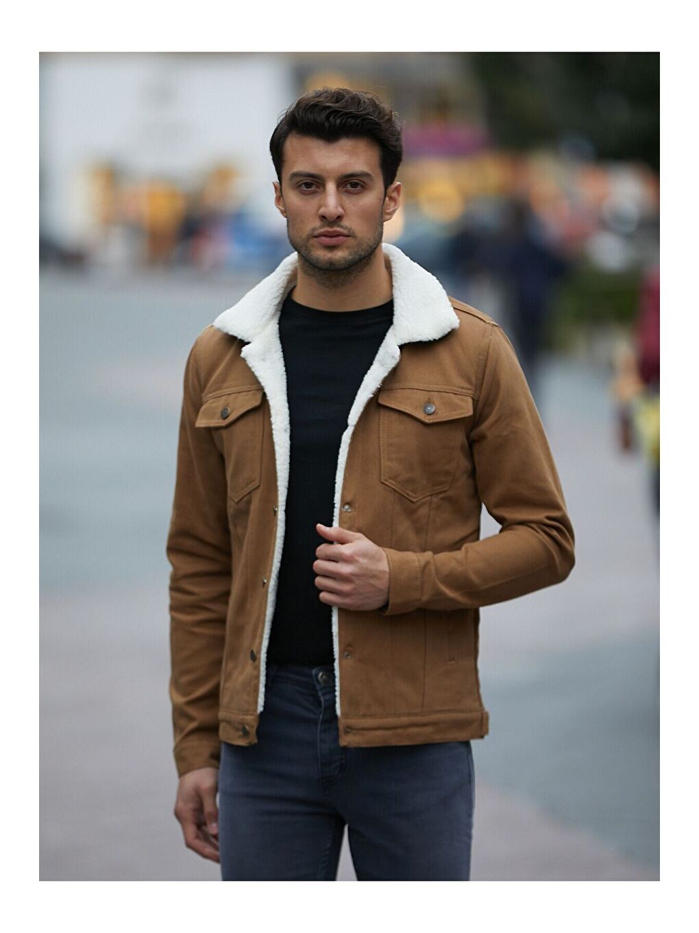 Kahverengi Erkek Trend Kışlık Içi Kürklü Jean Ceket Camel-2