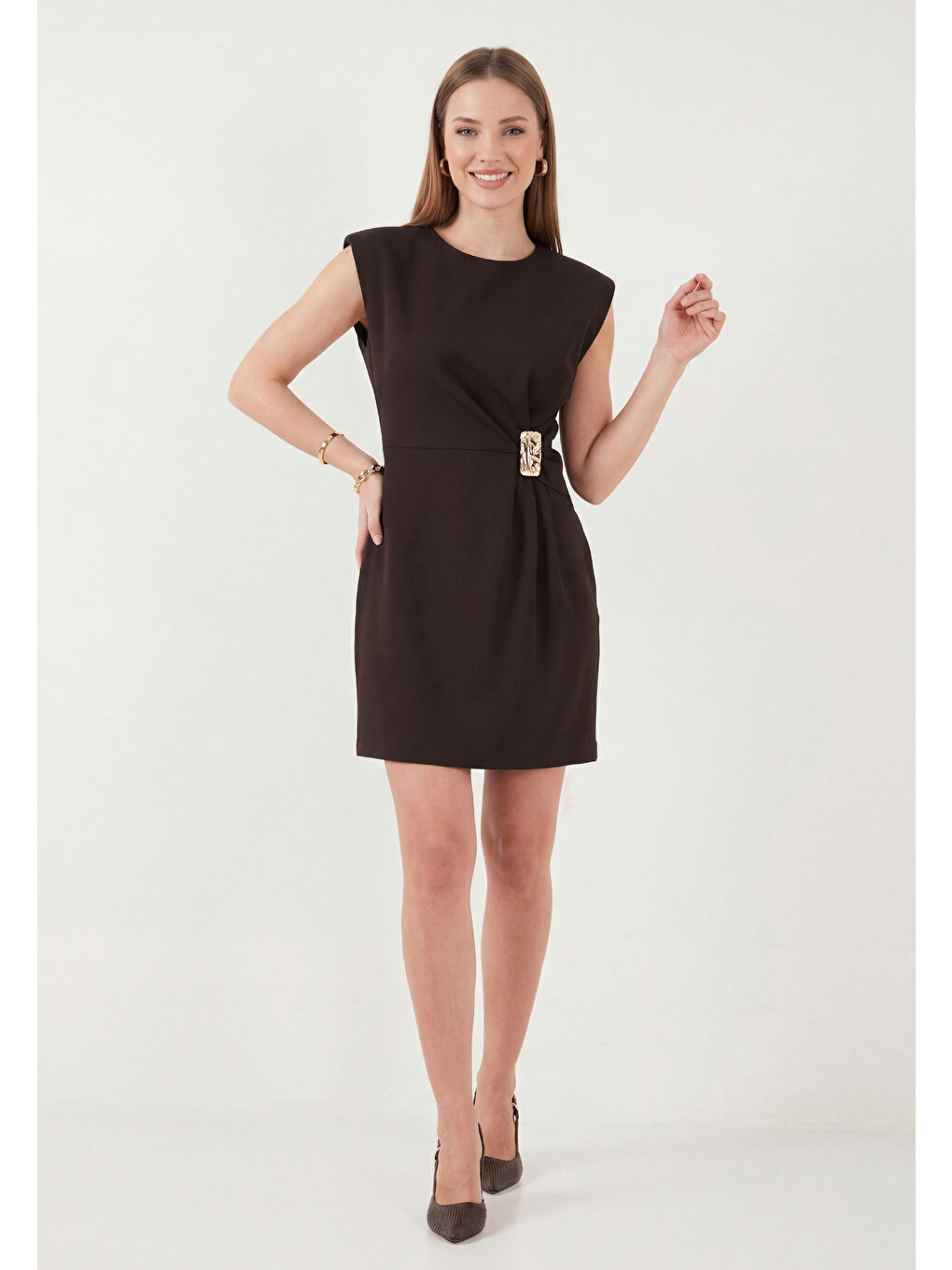 Kahverengi Bisiklet Yaka Kolsuz Mini Elbise 6525719-1