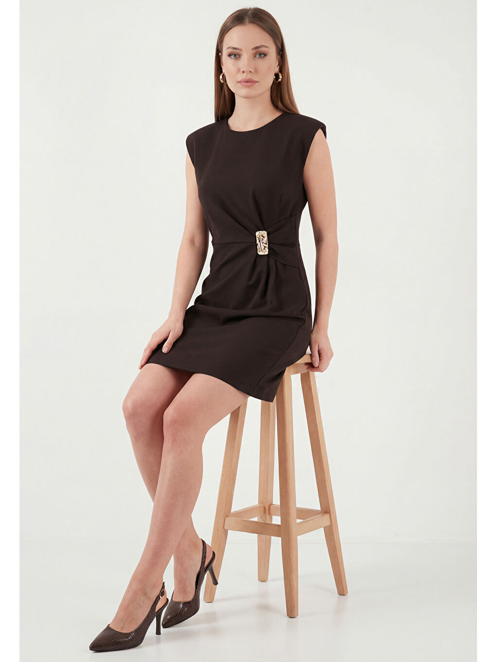 Kahverengi Bisiklet Yaka Kolsuz Mini Elbise 6525719-2