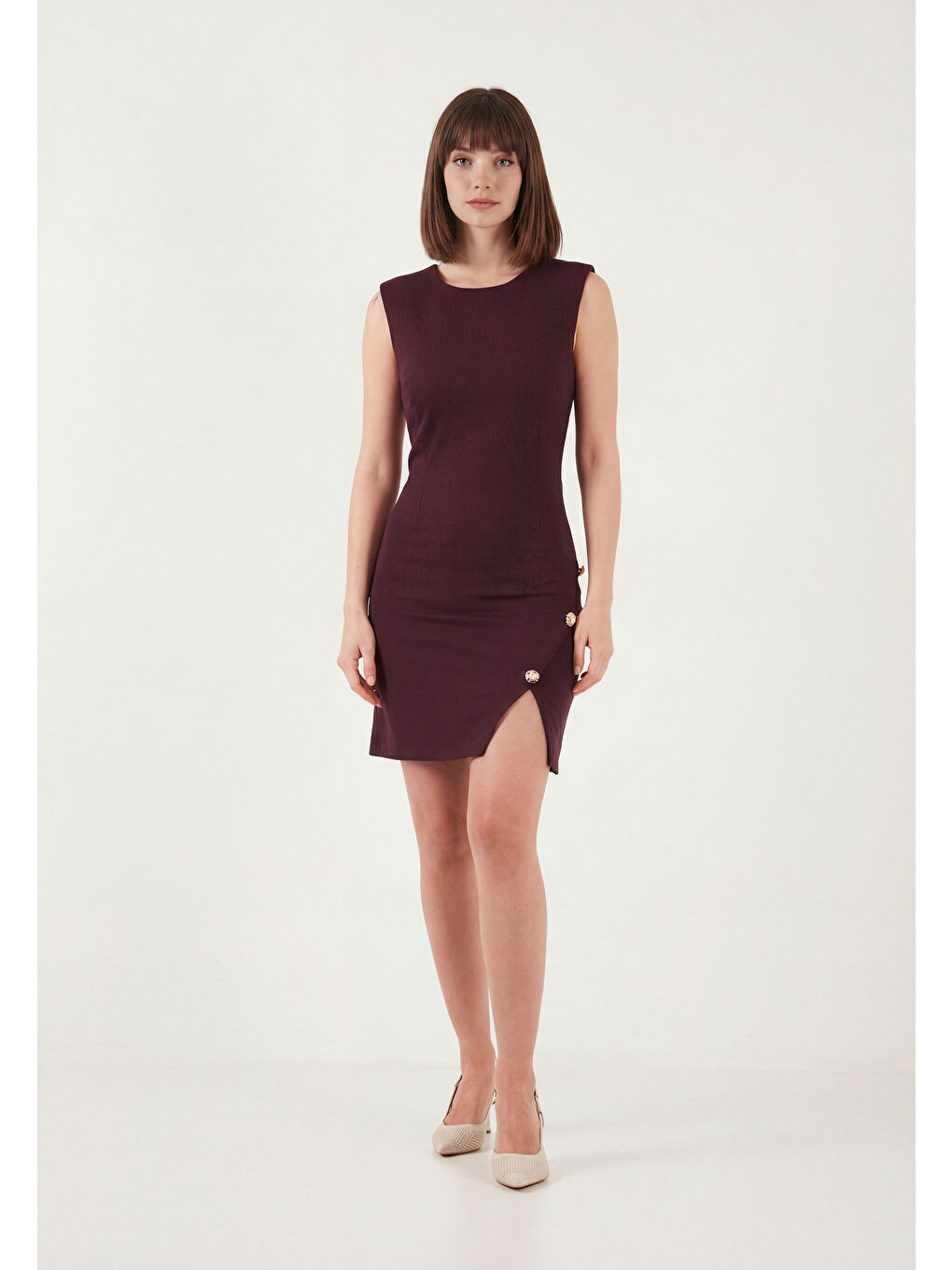 Bordo Bisiklet Yaka Mini Yırtmaç Detaylı Elbise 6525717-1