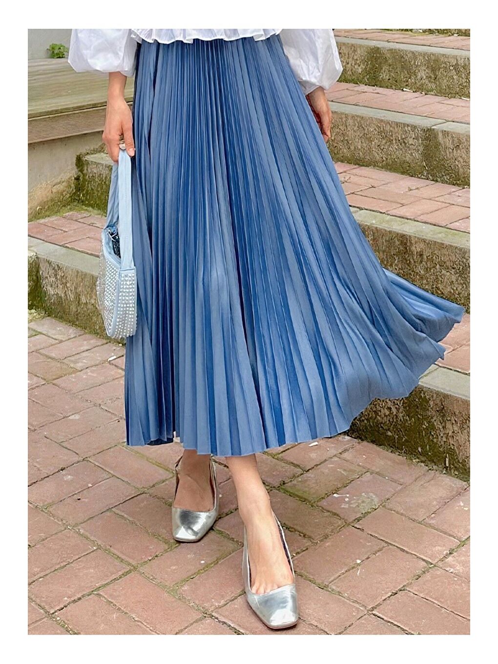 İndigo Kadın Piliseli Uzun Etek Mavi-1