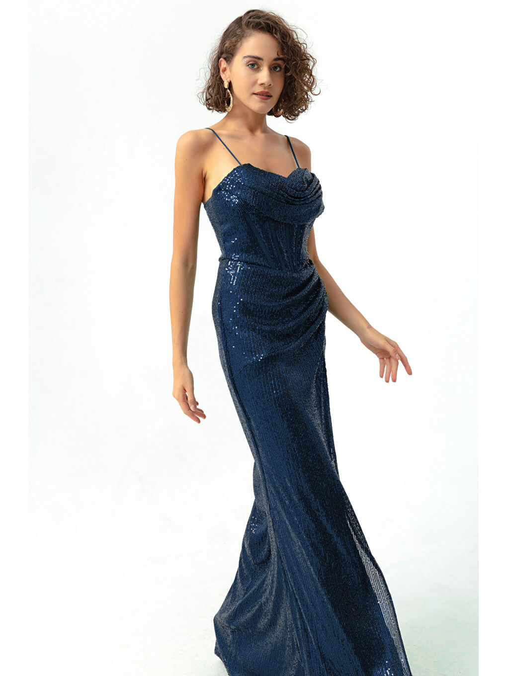 Kadın Lacivert Balen Korse Detaylı Payetli Yırtmaçlı Uzun Abiye Elbise-1