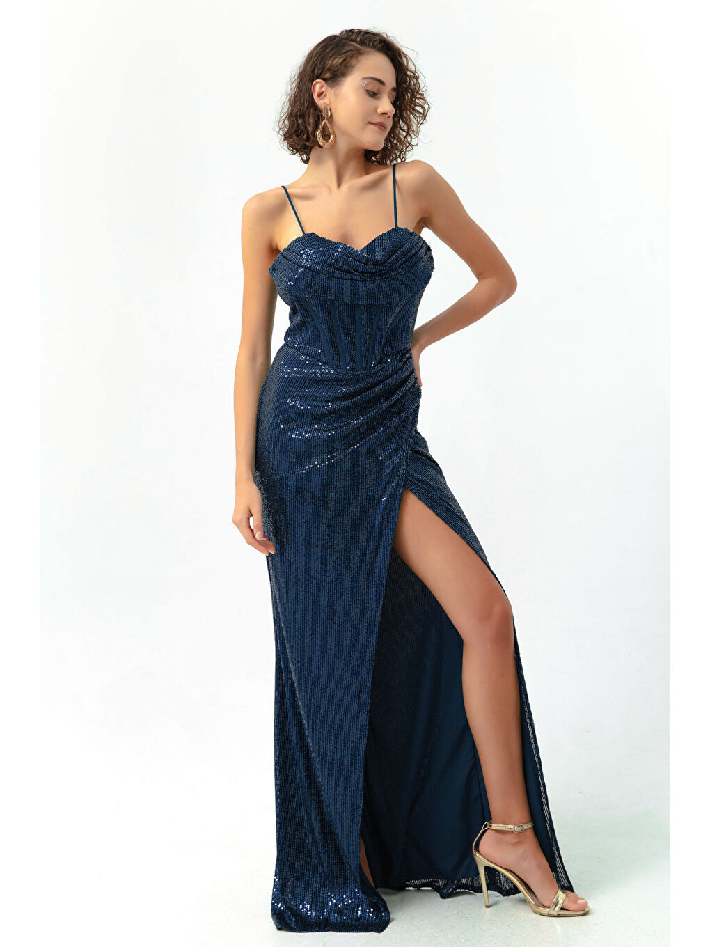 Kadın Lacivert Balen Korse Detaylı Payetli Yırtmaçlı Uzun Abiye Elbise-2