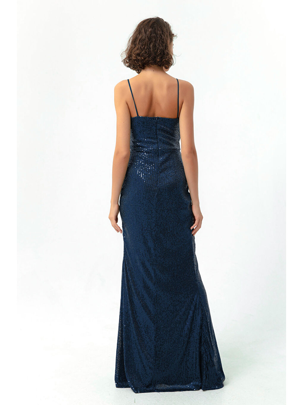 Kadın Lacivert Balen Korse Detaylı Payetli Yırtmaçlı Uzun Abiye Elbise-4